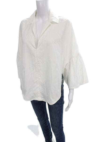 Tome Womens Tunic Blouse Cotton Collared 3/4 Sleeve White Classic Size S