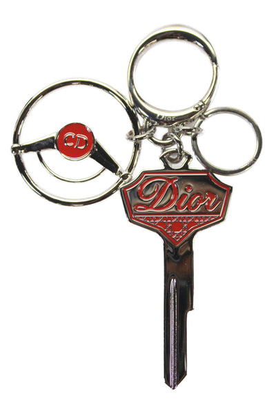 Christian Dior Womens Silver-Tone Logo Charm Red Enamel Detail Key Chain