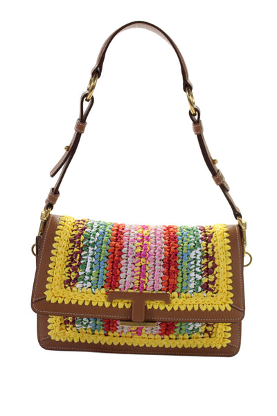 Tods Womens Woven Raffia Trim Leather Flap Clutch Crossbody Handbag Multicolor