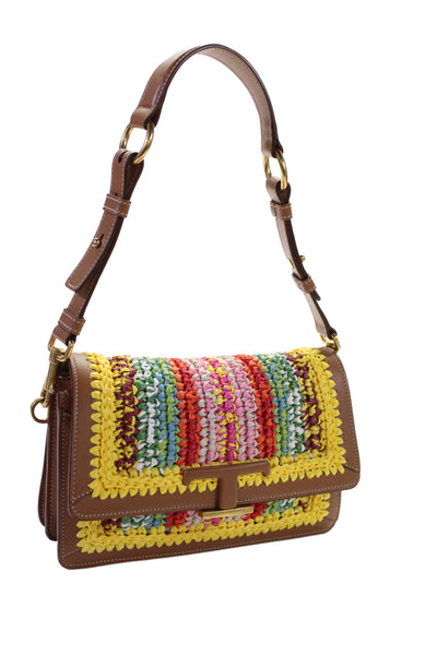 Tods Womens Woven Raffia Trim Leather Flap Clutch Crossbody Handbag Multicolor