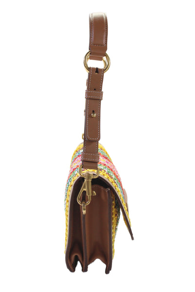 Tods Womens Woven Raffia Trim Leather Flap Clutch Crossbody Handbag Multicolor