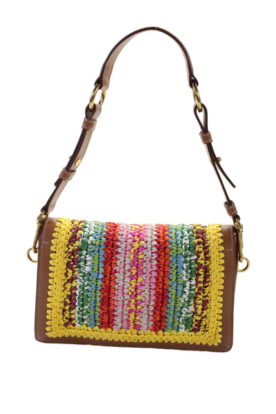 Tods Womens Woven Raffia Trim Leather Flap Clutch Crossbody Handbag Multicolor