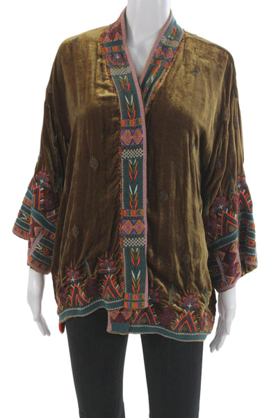 Johnny Was Womens Bohemian Geometric V-Neck Tie 3/4 Sleeve Jacket Brown Size M