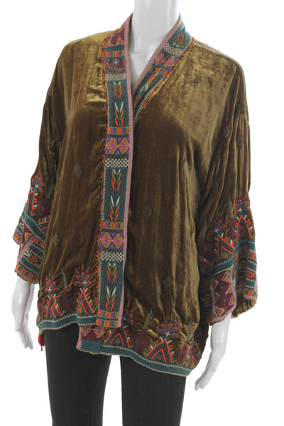 Johnny Was Womens Bohemian Geometric V-Neck Tie 3/4 Sleeve Jacket Brown Size M