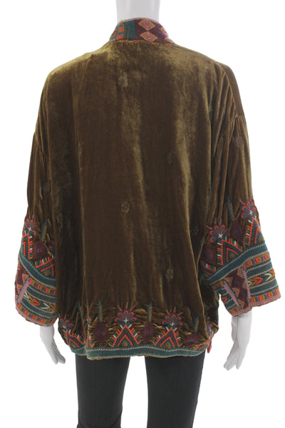 Johnny Was Womens Bohemian Geometric V-Neck Tie 3/4 Sleeve Jacket Brown Size M