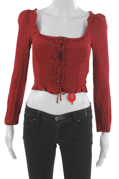Reformation Women Cropped Polka Dot Button-Up Blouse Square Neck Red Size 0