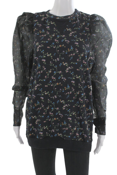 Selkie Womens Black Floral Chiffon Crew Neck Long Sleeve Top Zip Size S