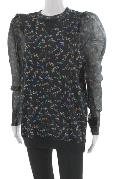 Selkie Womens Black Floral Chiffon Crew Neck Long Sleeve Top Zip Size S