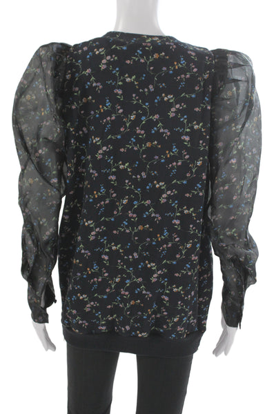 Selkie Womens Black Floral Chiffon Crew Neck Long Sleeve Top Zip Size S