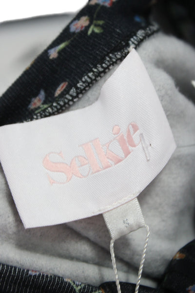 Selkie Womens Black Floral Chiffon Crew Neck Long Sleeve Top Zip Size S