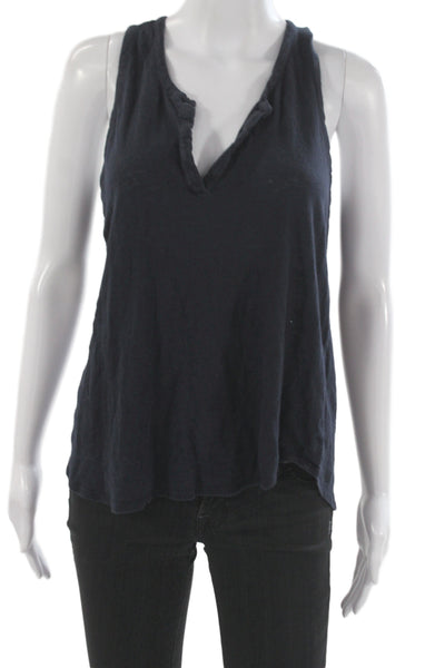 Vince Womens Sleeveless V-Neck Linen Tank Dark Blue Size L