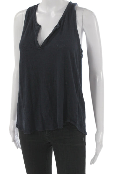Vince Womens Sleeveless V-Neck Linen Tank Dark Blue Size L