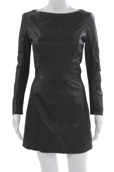 LaMarque Women Sheath Mini Biker Leather Long Sleeve Zip Black Dress Size 2