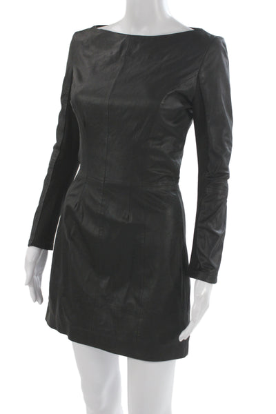 LaMarque Women Sheath Mini Biker Leather Long Sleeve Zip Black Dress Size 2
