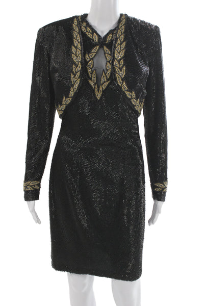 Claires Collection Women Black Silk Sheath Dress Mid-Calf Long Sleeve Size M