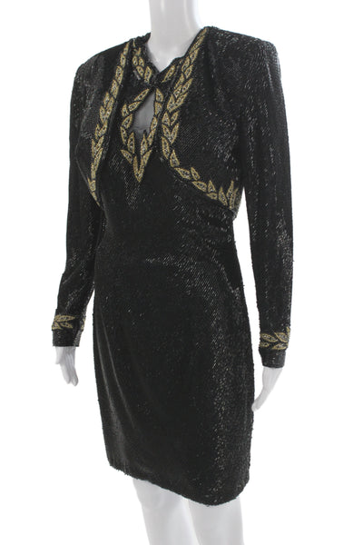 Claires Collection Women Black Silk Sheath Dress Mid-Calf Long Sleeve Size M