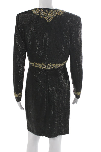 Claires Collection Women Black Silk Sheath Dress Mid-Calf Long Sleeve Size M