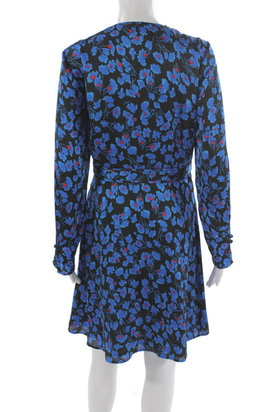 Equipment Femme Womens Wrap Dress Black Floral V-Neck Longsleeve Knee Size S
