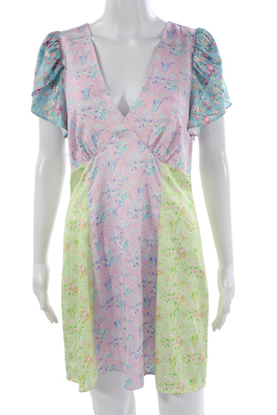 Love Shack Fancy Women A-Line Mini Dress Light Blue Floral V-Neck Size 10