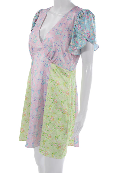 Love Shack Fancy Women A-Line Mini Dress Light Blue Floral V-Neck Size 10