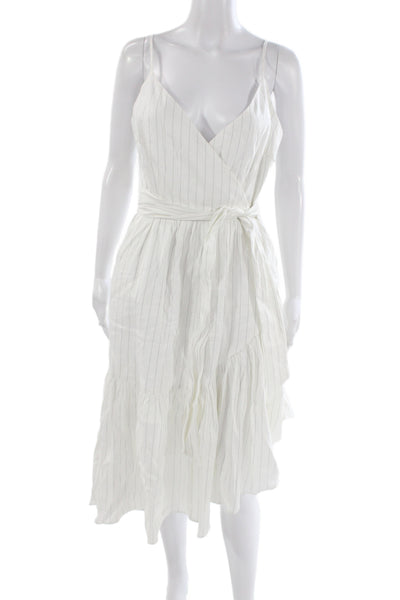 Marissa Webb Women Wrap Dress White Striped Sleeveless Linen Knee Length Size 6