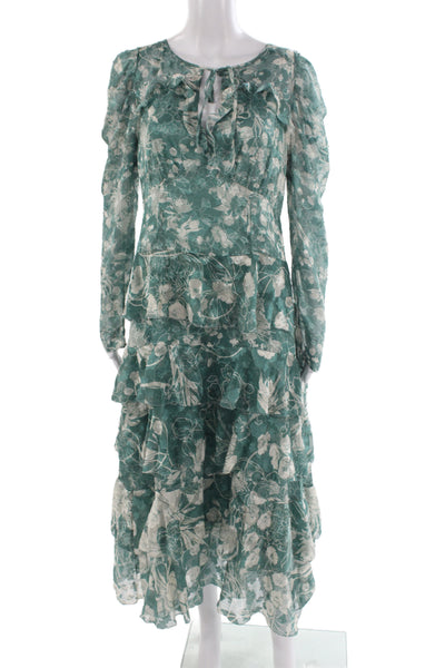 Marchesa Notte Women Fit & Flare Maxi Dress Green Long Sleeve Tie Size 9