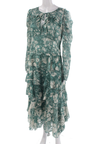Marchesa Notte Women Fit & Flare Maxi Dress Green Long Sleeve Tie Size 9