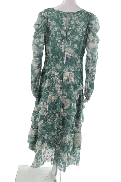 Marchesa Notte Women Fit & Flare Maxi Dress Green Long Sleeve Tie Size 9