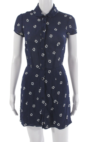 Reformation Womens Shirt Dress Dark Blue Floral Button Short Sleeve Size 0