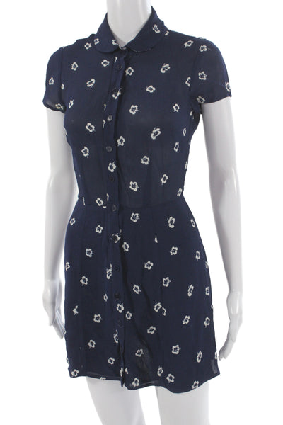 Reformation Womens Shirt Dress Dark Blue Floral Button Short Sleeve Size 0