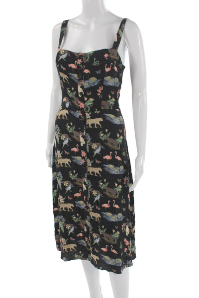 Reformation Women Sundress Black Square Neck Animal Print Size 6