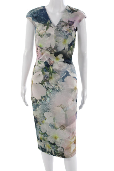 Ted Baker London Womens Blue Floral Bodycon Dress V Neck Short Sleeve Size 1