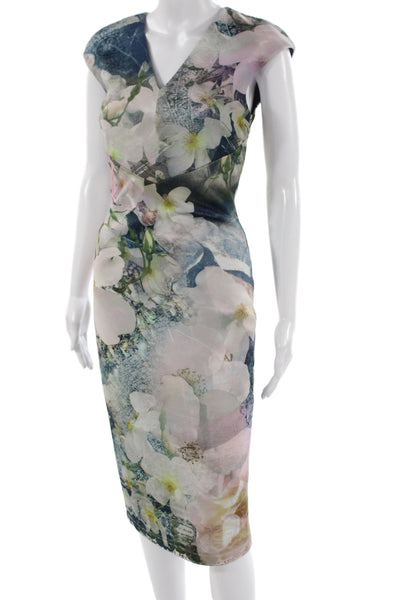 Ted Baker London Womens Blue Floral Bodycon Dress V Neck Short Sleeve Size 1