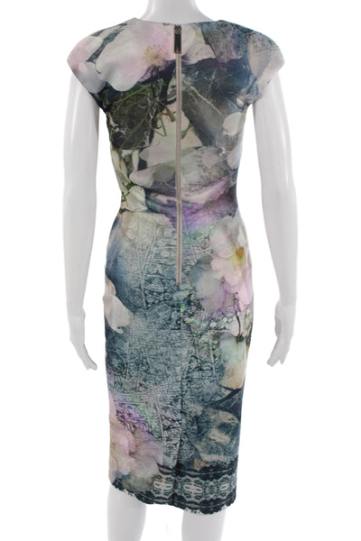 Ted Baker London Womens Blue Floral Bodycon Dress V Neck Short Sleeve Size 1