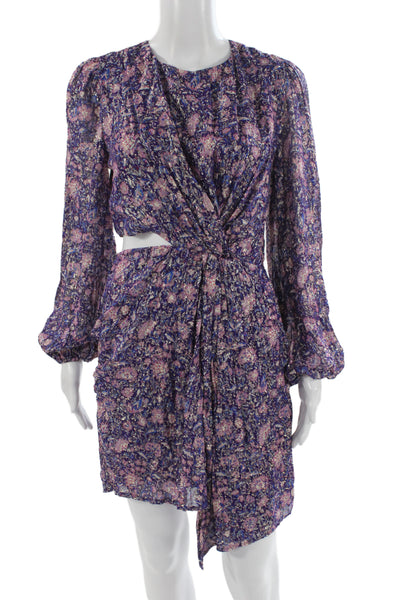 Maje Womens Mini Wrap Floral Dress Long Sleeve Round Neck Purple Size 38