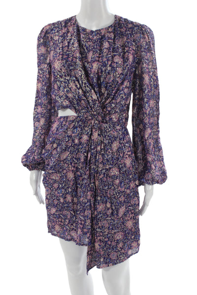 Maje Womens Mini Wrap Floral Dress Long Sleeve Round Neck Purple Size 38