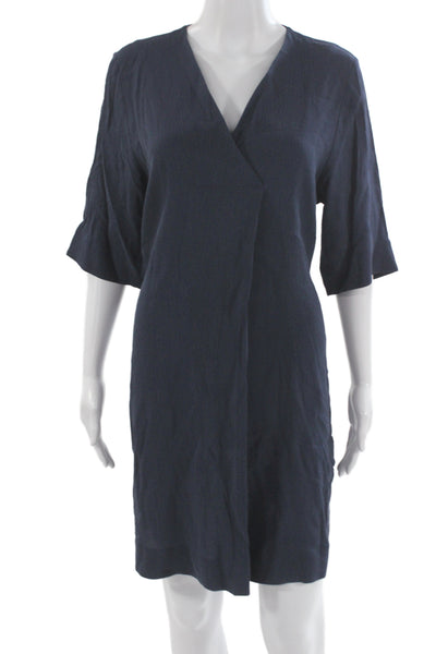 COS Women Dark Blue V-Neck Shift Dress 3/4 Sleeve Knee Length Cupro Size 38