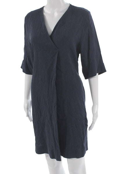 COS Women Dark Blue V-Neck Shift Dress 3/4 Sleeve Knee Length Cupro Size 38
