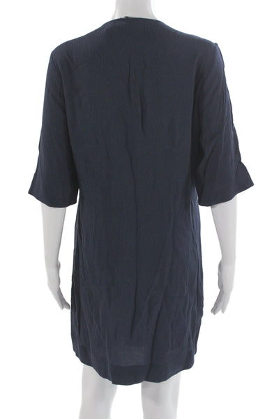 COS Women Dark Blue V-Neck Shift Dress 3/4 Sleeve Knee Length Cupro Size 38