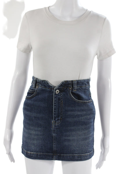 We The Free Women Dark Blue Mini Pencil Skirt Solid Cotton Spandex Size 24