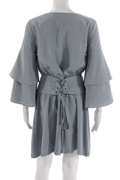 J.O.A. Womens Shift Mini Dress Gray Long Sleeve Round Neck Lace Up Size S