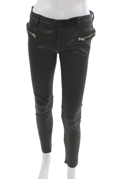 R+A Women Black Lamb Leather Cropped Ankle Biker Pants Size 28