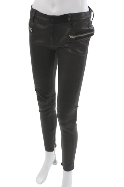 R+A Women Black Lamb Leather Cropped Ankle Biker Pants Size 28