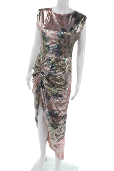 Aqua Womens Bodycon Sheath Pink Floral Long Crew Neck Zip Dress Size S