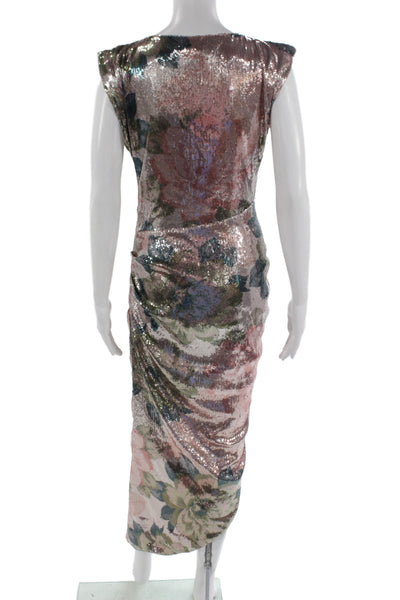 Aqua Womens Bodycon Sheath Pink Floral Long Crew Neck Zip Dress Size S