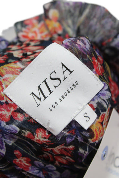 Misa Women Dark Blue Floral High Neck Long Sleeve Button Blouse Size S