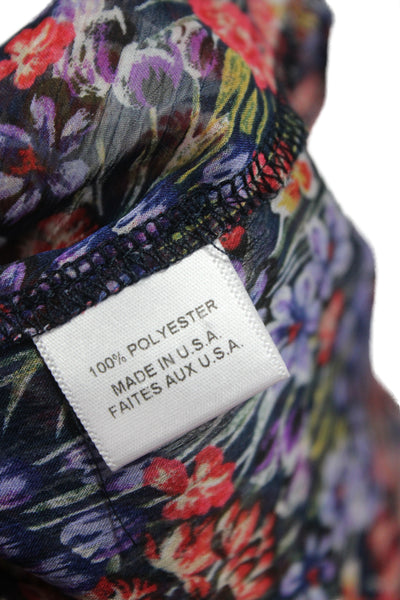 Misa Women Dark Blue Floral High Neck Long Sleeve Button Blouse Size S