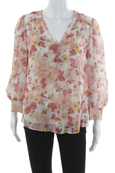 Veronica Beard Womens Pink Floral Silk Lurex VNeck Blouse Longsleeve Size 4