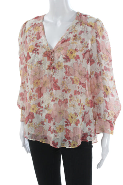 Veronica Beard Womens Pink Floral Silk Lurex VNeck Blouse Longsleeve Size 4