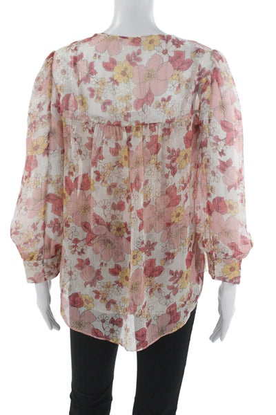 Veronica Beard Womens Pink Floral Silk Lurex VNeck Blouse Longsleeve Size 4